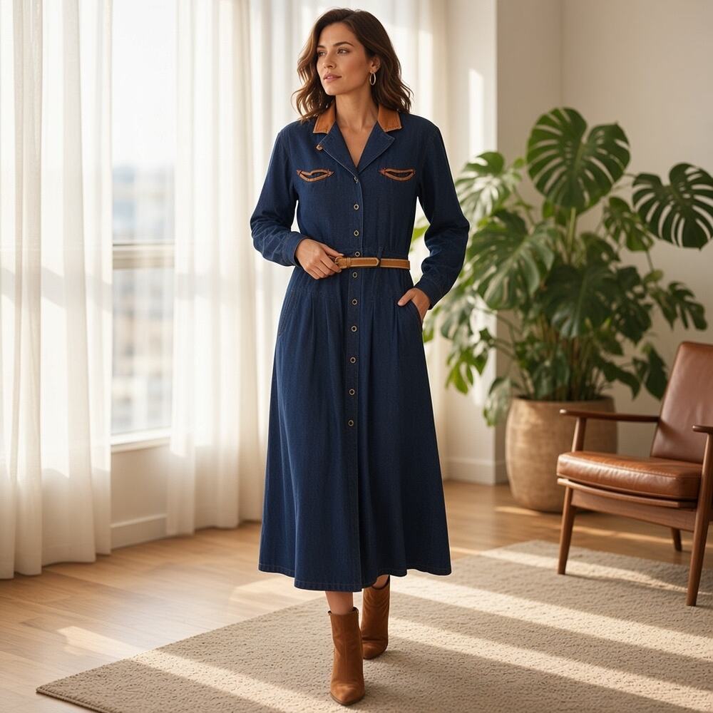 Vintage Liz Claiborne Denim Look Shirt Dress Size 2 Western Belted Midi Chambray - Picture 3 of 9